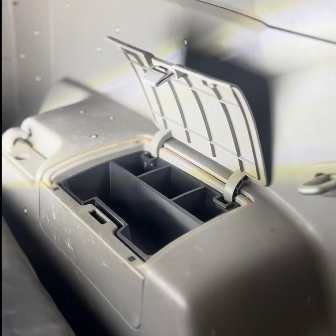 4th Gen 4Runner rear storage pocket organizer insert, divided black ASA tray in console with lid open